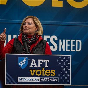 Ohio State Board of Education Teresa Fedor speaks to attendees during the Get Out The Vote rally at the Toledo Federation of Teachers office in Toledo.