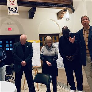 Former Toledo mayors Paula Hicks-Hudson, Carty Finkbeiner, Donna Owens, and Mike Bell are shown with Rev. Steve Swisher, pastor at Epworth United Methodist Church at recent Coalition for Peaceful Toledo Neighborhoods event.