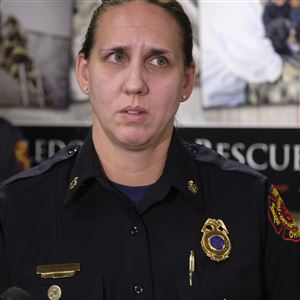 During a news conference Friday, Toledo Fire Chief Allison Armstrong talks about her department's response to the fire that occurred at 3015 Chase Street on Dec. 5.  (THE BLADE/DAVE ZAPOTOSKY)