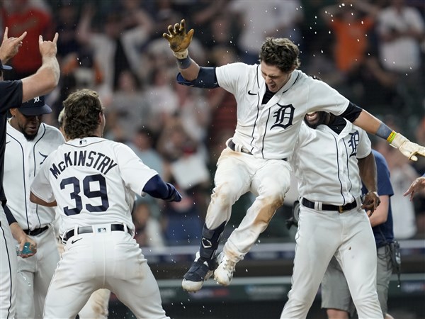 Detroit Tigers' Nick Maton reacts during a baseball game, Monday