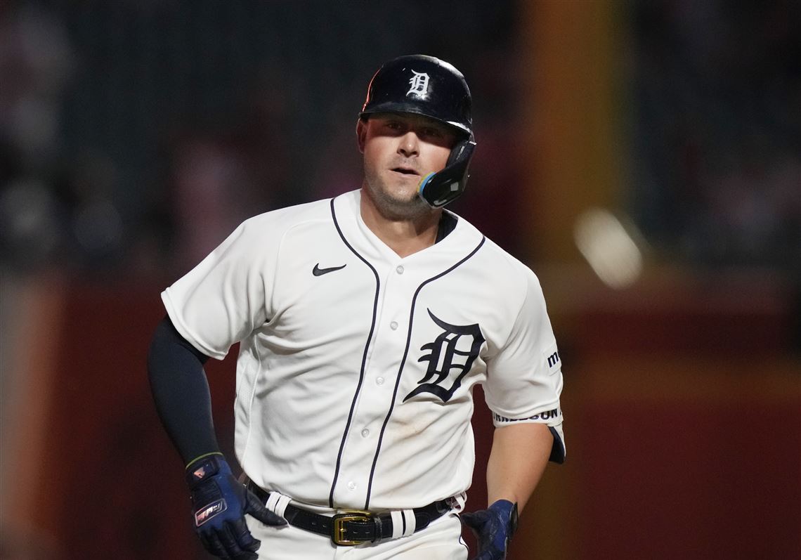 Detroit Tigers' Spencer Torkelson, left, and Eric Haase celebrate