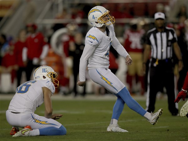 Los Angeles Chargers place-kicker Cameron Dicker (11) kicks a field goal  against the San Francisco 49ers during the first half of an NFL preseason  football game Friday, Aug. 25, 2023, in Santa