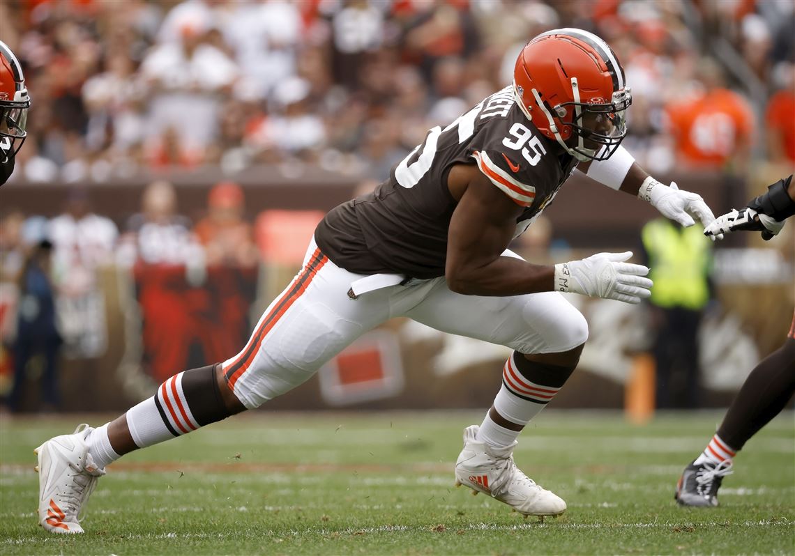 Cleveland Browns defensive end Myles Garrett (95) runs on the field during  an NFL football game